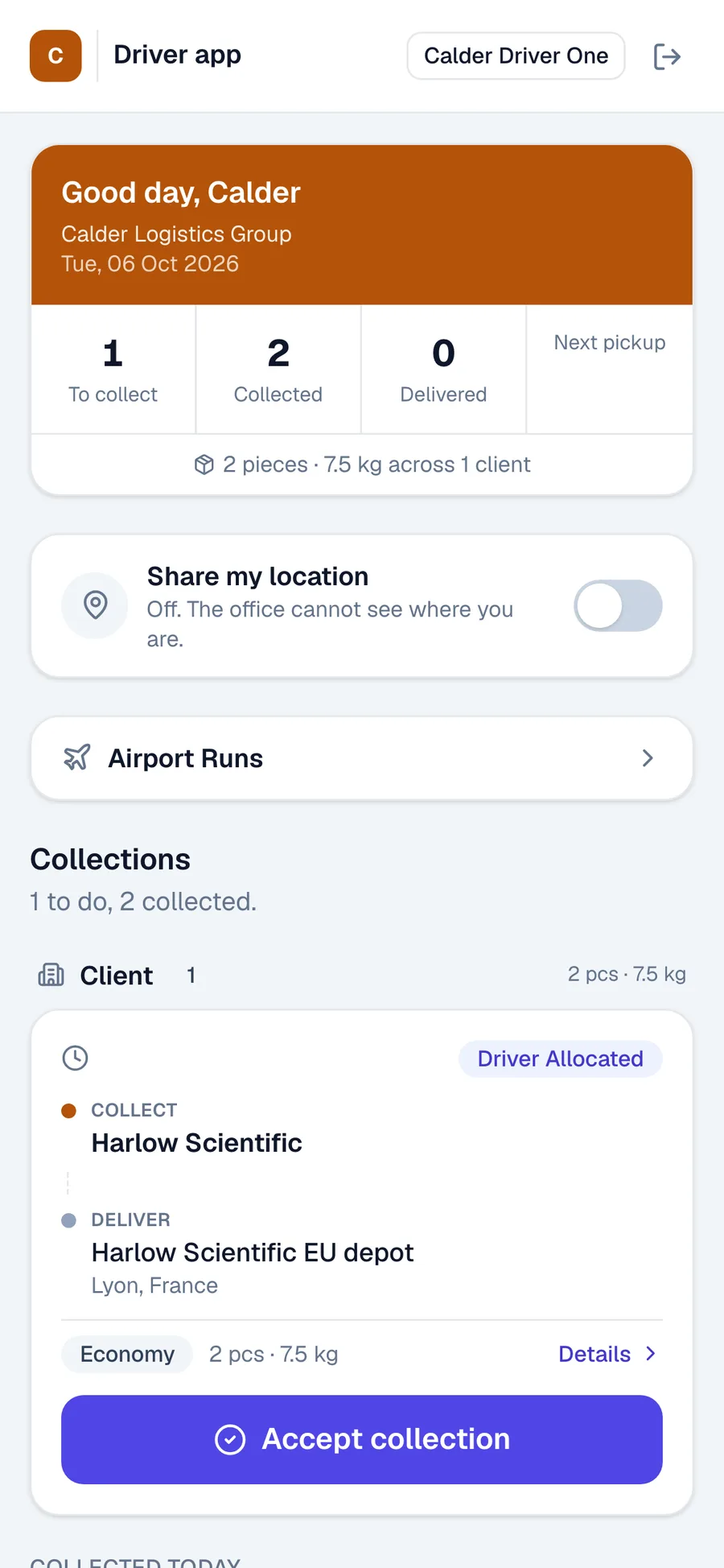 The ROS driver app on a phone: the day's count of collections, the next collection with its delivery address, and jobs collected today.