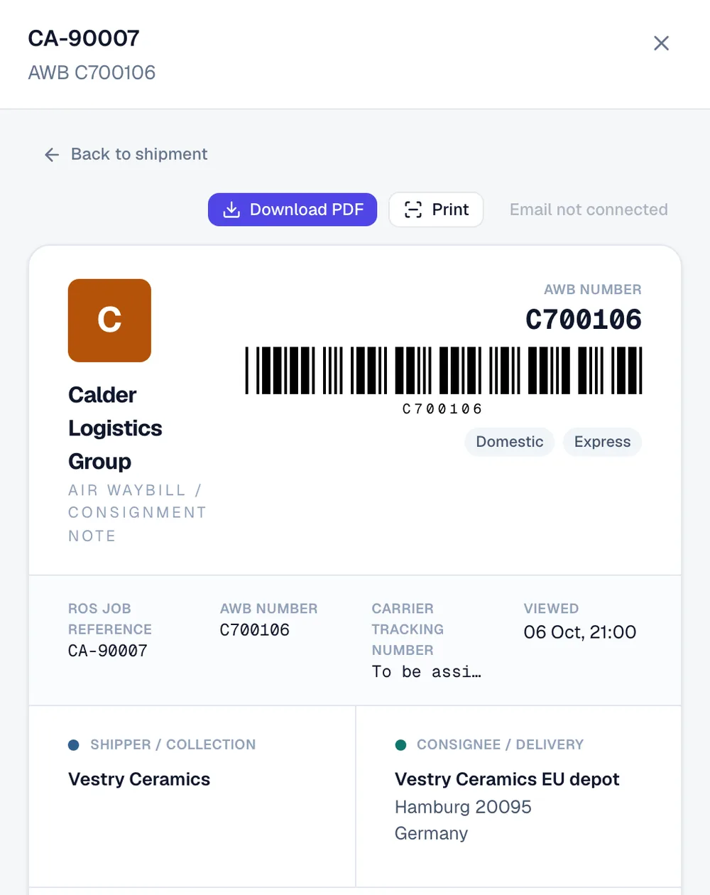 An air waybill opened in the ROS client portal, under the firm's own name and logo, with its barcode, references, shipper and consignee, and buttons to download the PDF or print.