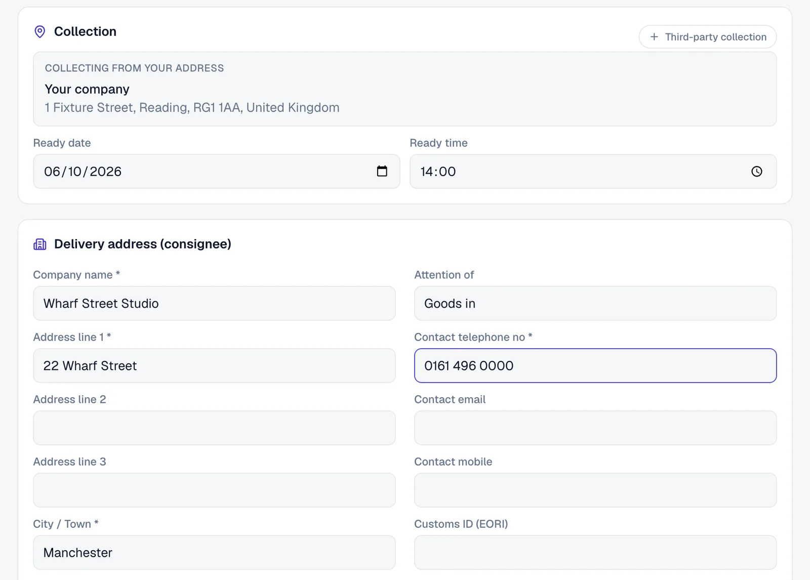 Booking a shipment in the ROS client portal: collection from the client's own address with a ready date and time, and the delivery company, address, town and contact filled in.