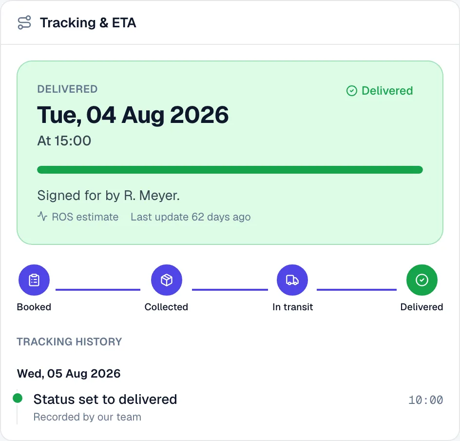 Tracking a shipment in the ROS client portal: delivered on Tuesday at 15:00, signed for by R. Meyer, with the steps booked, collected, in transit and delivered.